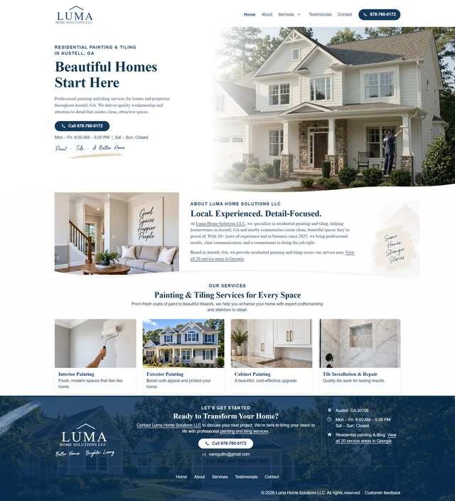Luma Home Solutions LLC website preview showing the header, services and footer